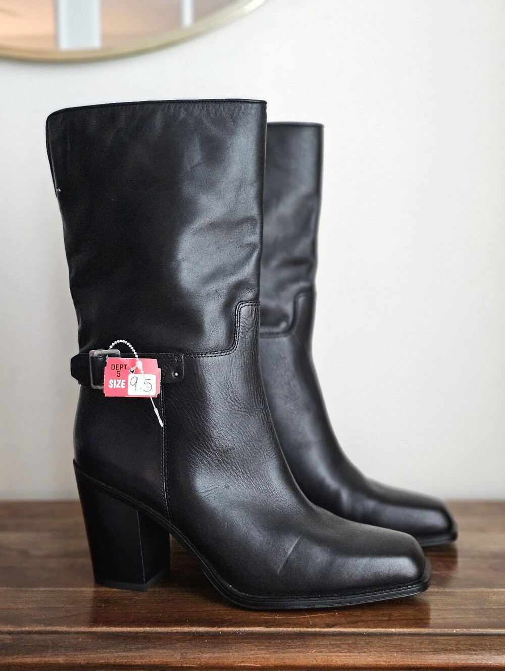 SARTO Black Leather Buckle Mid Calf Boots Women’s 9.5M Block Heel NWT